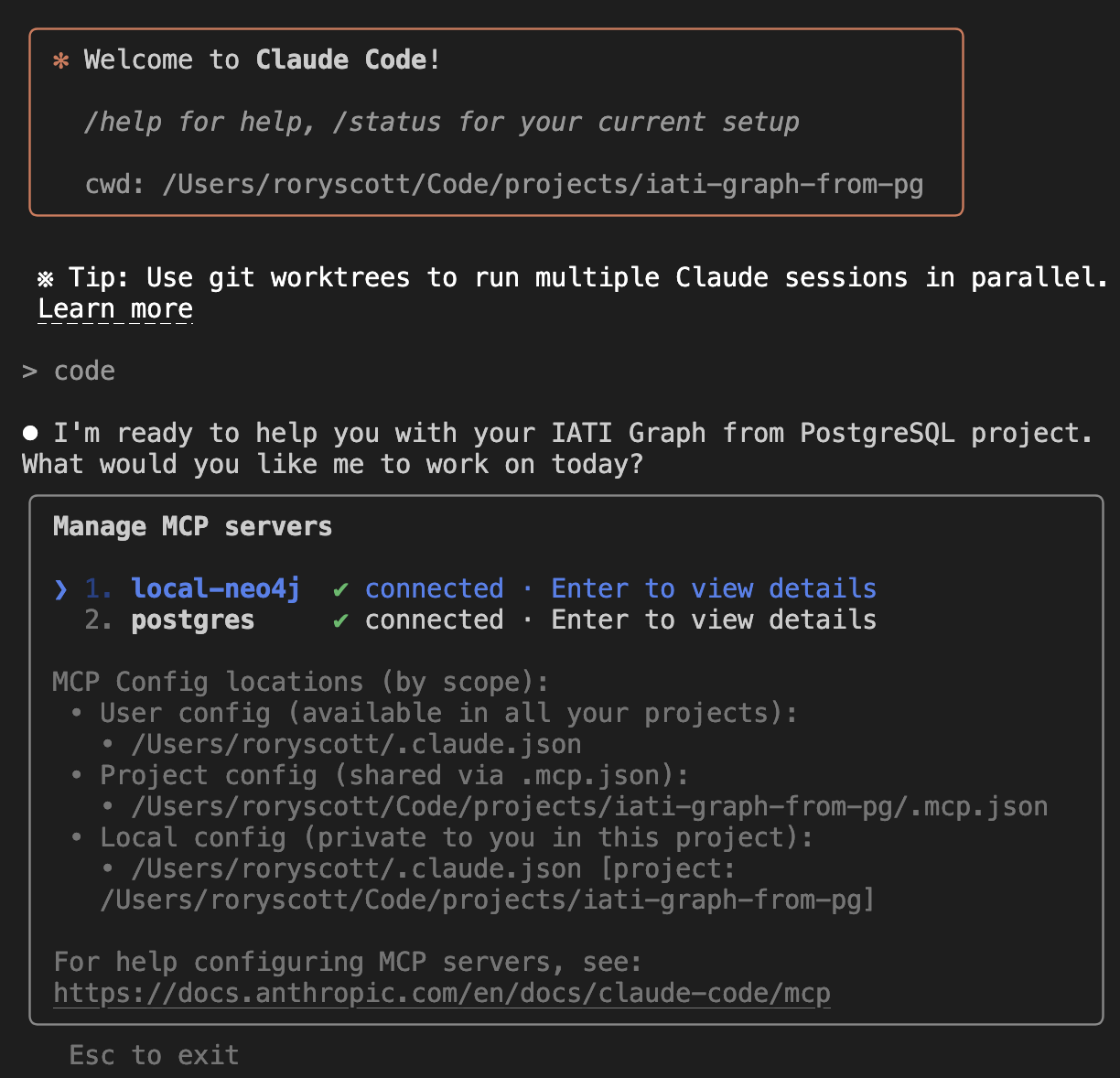 Claude Code with Postgres + Neo4j MCP servers