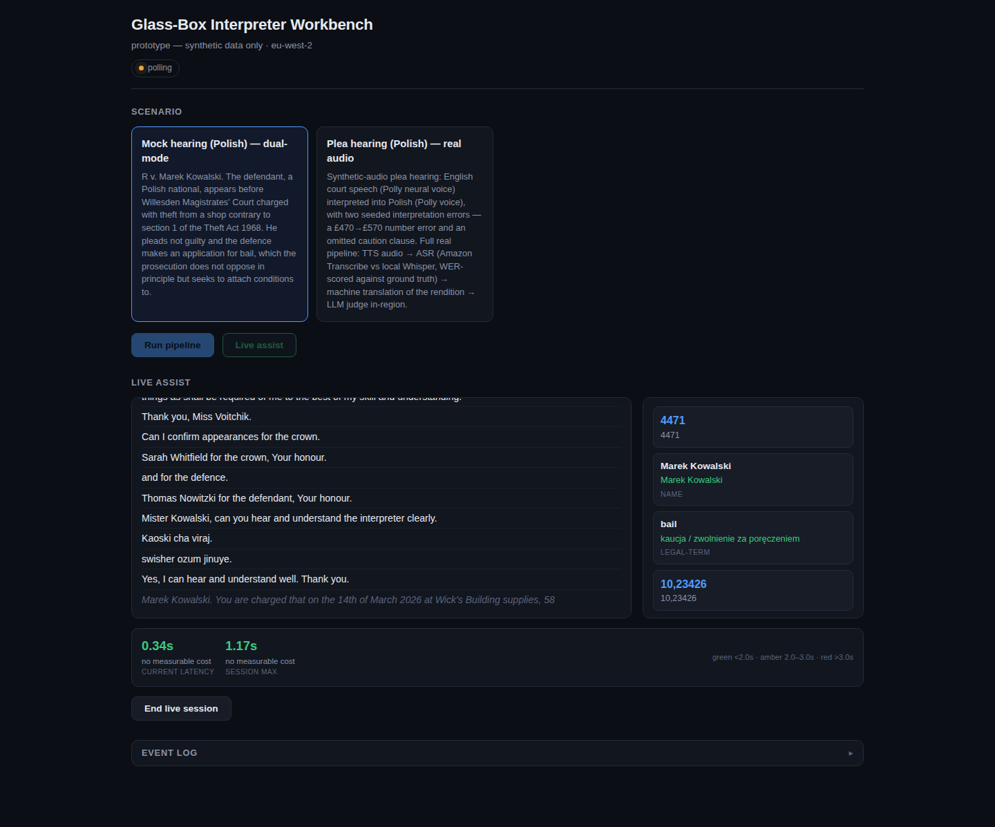 The live assist console: rolling transcript, surfaced entities, latency meter